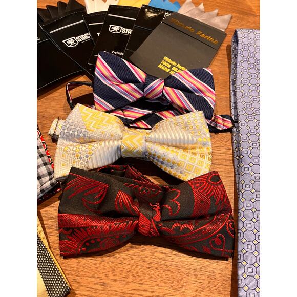 Tie and Pocket Handkerchief Lot: Prefolded, Bow Long, Blue Red Geometric Plaid - Picture 2 of 10